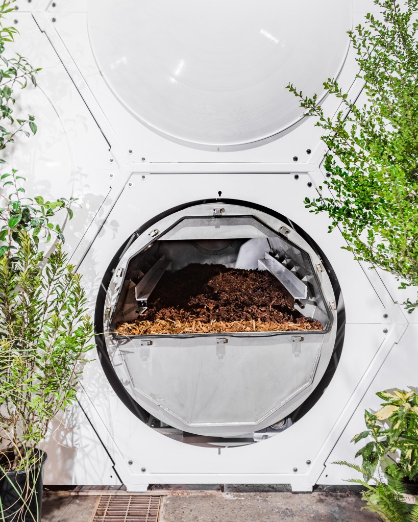 A new alternative to burial or cremation: Inside one of the human composting vessels at the Recompose company.
