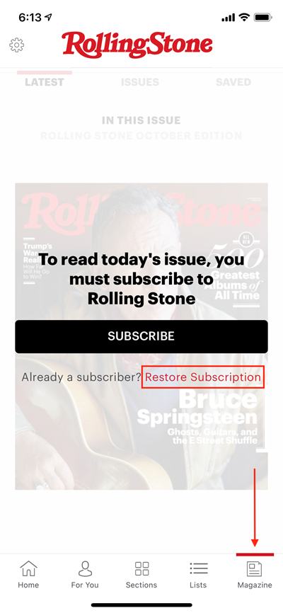 Visual indication of where to find Restore link under Magazine section, under Subscribe button